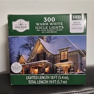 300 Warm White Icicle Lights LED Holiday Time Christmas White Wire 19 Ft NEW!!